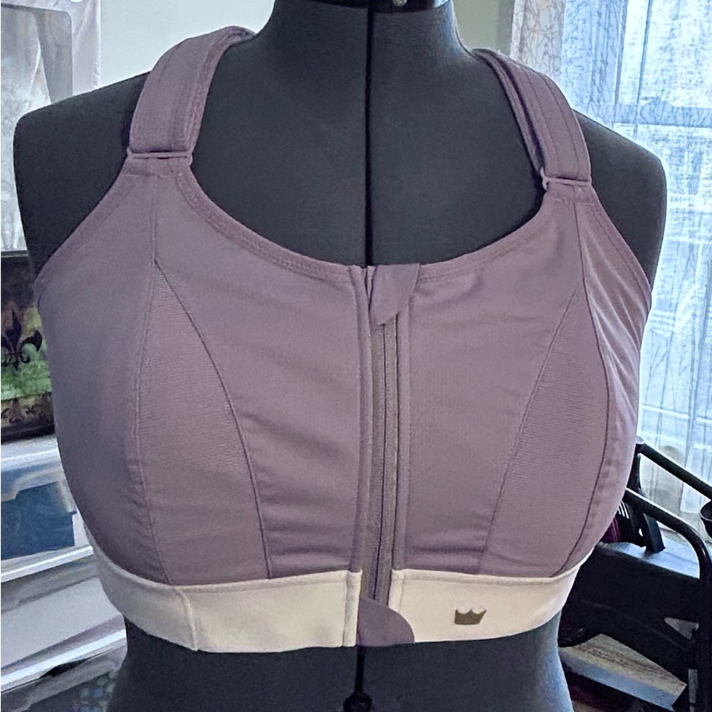 SHEFIT Purple and White High-Impact Sports Bra with Front Zipper
